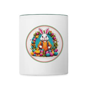 Cute easter bunny in easter basket with little chick - Contrasting Mug - white/dark green - Front