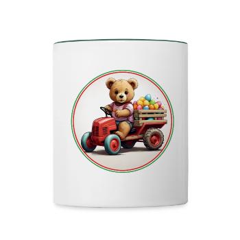 lustiger Oster Teddybär bringt Eier im Ostermobil - Tasse zweifarbig - Weiß/Dunkelgrün - Vorne