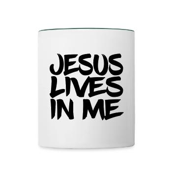 Jesus lebt in mir - Tasse zweifarbig - Weiß/Dunkelgrün - Vorne