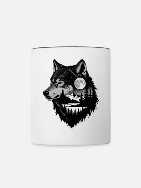 Schwarzer Wolf Wolfportrait. Wolfdesign - Tasse zweifarbig - Weiß/Dunkelgrün