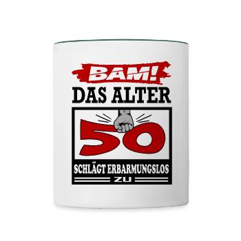Geburtstag 50 Bam Boom Bombe Alter schlägt zu - Tasse zweifarbig - Weiß/Dunkelgrün - Vorne