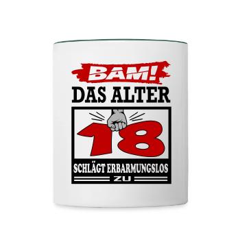Geburtstag 18 Bam Boom Bombe Alter schlägt zu - Tasse zweifarbig - Weiß/Dunkelgrün - Vorne