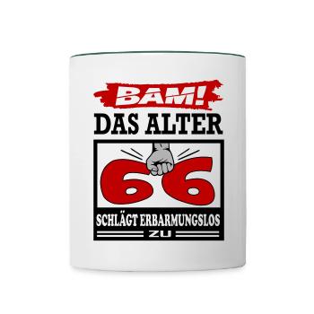 Geburtstag 66 Bam Boom Bombe Das Alter schlägt zu - Tasse zweifarbig - Weiß/Dunkelgrün - Vorne