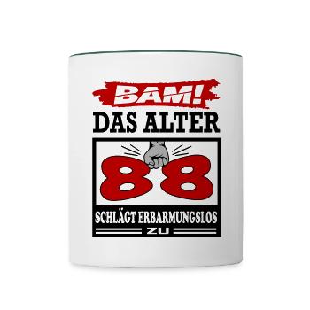 Geburtstag 88 Bam Boom Bombe Das Alter schlägt zu - Tasse zweifarbig - Weiß/Dunkelgrün - Vorne
