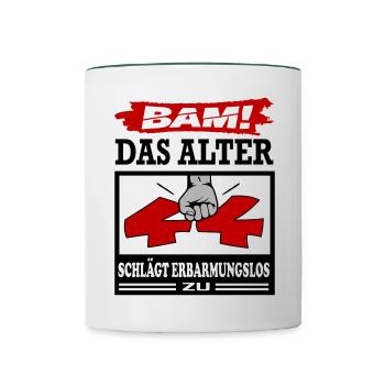 Geburtstag 44 Bam Boom Bombe Das Alter schlägt zu - Tasse zweifarbig - Weiß/Dunkelgrün - Vorne