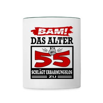 Geburtstag 55 Bam Boom Bombe Das Alter schlägt zu - Tasse zweifarbig - Weiß/Dunkelgrün - Vorne