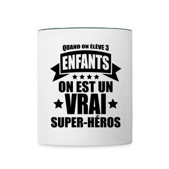 quand on élève 3 enfants on est un super-héros - Mug contrasté - blanc/vert foncé - Devant