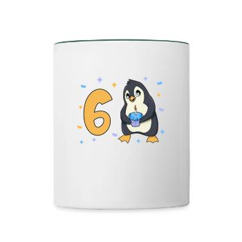 Mit Pinguin - Kinder Geburtstag 6 Jahre - Tasse zweifarbig - Weiß/Dunkelgrün - Vorne
