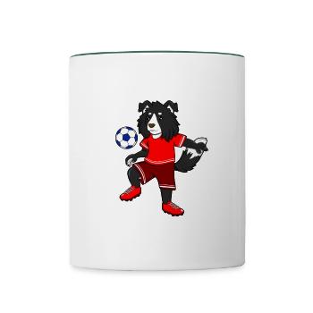 Comic Border Collie spielt Fußball - Tasse zweifarbig - Weiß/Dunkelgrün - Vorne