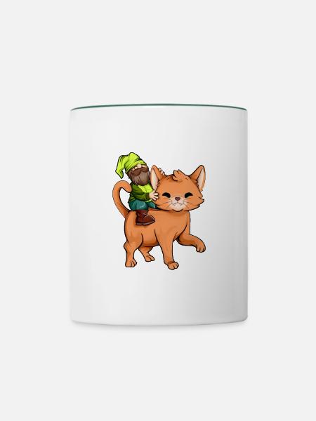 Gartenzwerg reitet Katze - Tasse zweifarbig - Weiß/Dunkelgrün