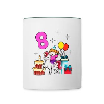 Mit Einhorn - Mädchen Geburtstag 8 Jahre - Tasse zweifarbig - Weiß/Dunkelgrün - Vorne