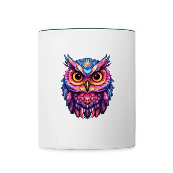 Leuchtendes Nocturne: Holographische Eulenpracht - Tasse zweifarbig - Weiß/Dunkelgrün - Vorne