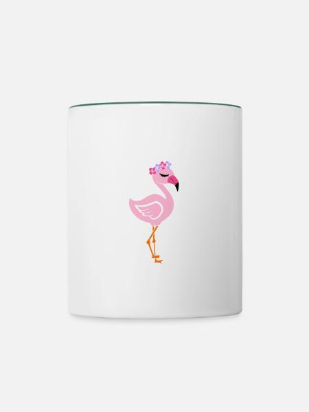Flamingo mit Flower Headband - Tasse zweifarbig - Weiß/Dunkelgrün