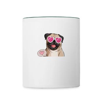 Carlin avec lunettes de soleil en forme de cœur rose - Mug contrasté - blanc/vert foncé - Devant