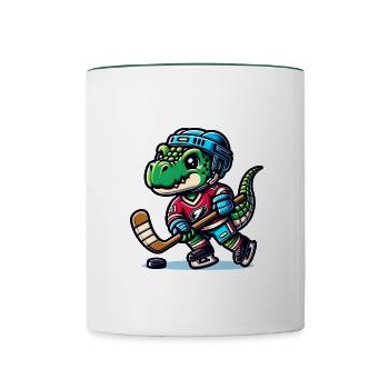 Eishockey Dino Spieler mit Helm und Schläger - Tasse zweifarbig - Weiß/Dunkelgrün - Vorne