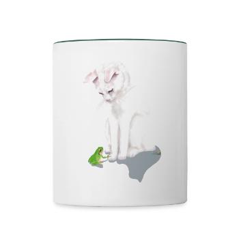 Weiße Katze mit grünem Frosch - Tasse zweifarbig - Weiß/Dunkelgrün - Vorne