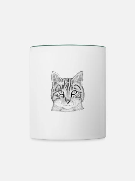 Katzenkopf gezeichnet - Tasse zweifarbig - Weiß/Dunkelgrün