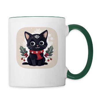 Cute black kitten with Christmas scarf - Contrasting Mug - white/dark green - Right