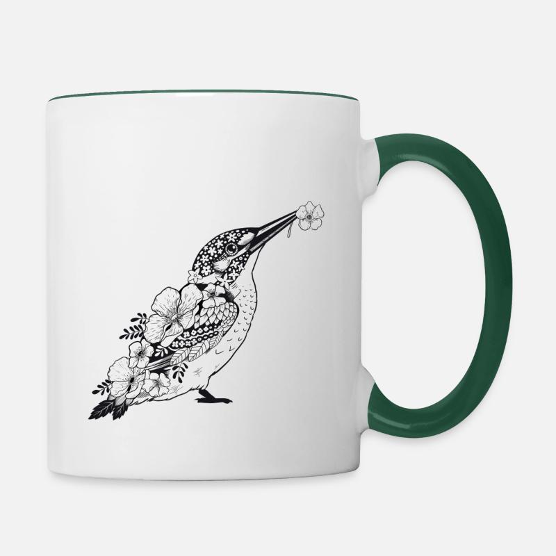 Eisvogel mit Blumen - Tasse zweifarbig - Weiß/Dunkelgrün
