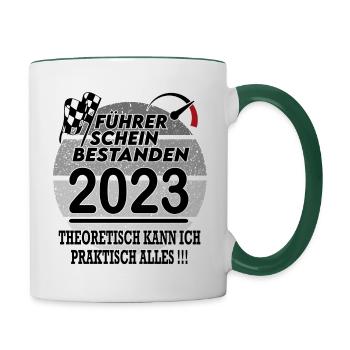 Lkw Motorrad Auto Führerschein bestanden 2023 - Tasse zweifarbig - Weiß/Dunkelgrün - Rechts