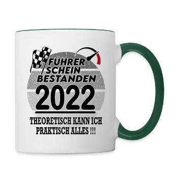 Lkw Motorrad Auto Führerschein bestanden - Tasse zweifarbig - Weiß/Dunkelgrün - Rechts