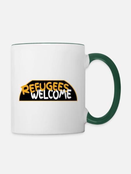 Flüchtlinge willkommen retro logo - Tasse zweifarbig - Weiß/Dunkelgrün