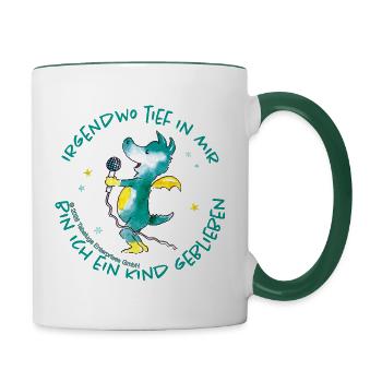 Tabaluga Singend Mit Spruch Kindheit - Tasse zweifarbig - Weiß/Dunkelgrün - Rechts