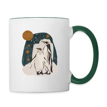 Couple de pingouins sur fond hiver/Noël - Mug contrasté - blanc/vert foncé - Droite