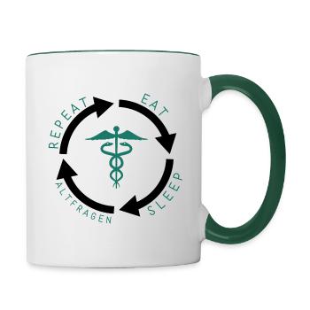 Eat, Sleep, Altfragen, Repeat - Klausur Prüfung - Tasse zweifarbig - Weiß/Dunkelgrün - Rechts