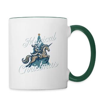 Magische Weihnachten: Santa Claus trifft Einhorn - Tasse zweifarbig - Weiß/Dunkelgrün - Rechts