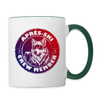 Wolf Apres Ski Team Spruch Bunt - Tasse zweifarbig - Weiß/Dunkelgrün - Rechts