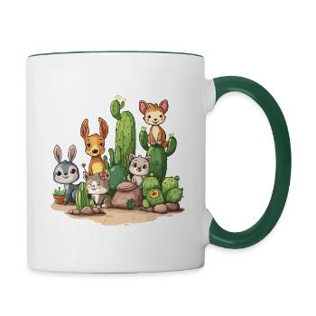Paysage de cactus mignon avec des animaux - Mug contrasté - blanc/vert foncé - Droite