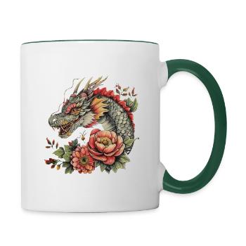 Drache mit Blüten - Tasse zweifarbig - Weiß/Dunkelgrün - Rechts