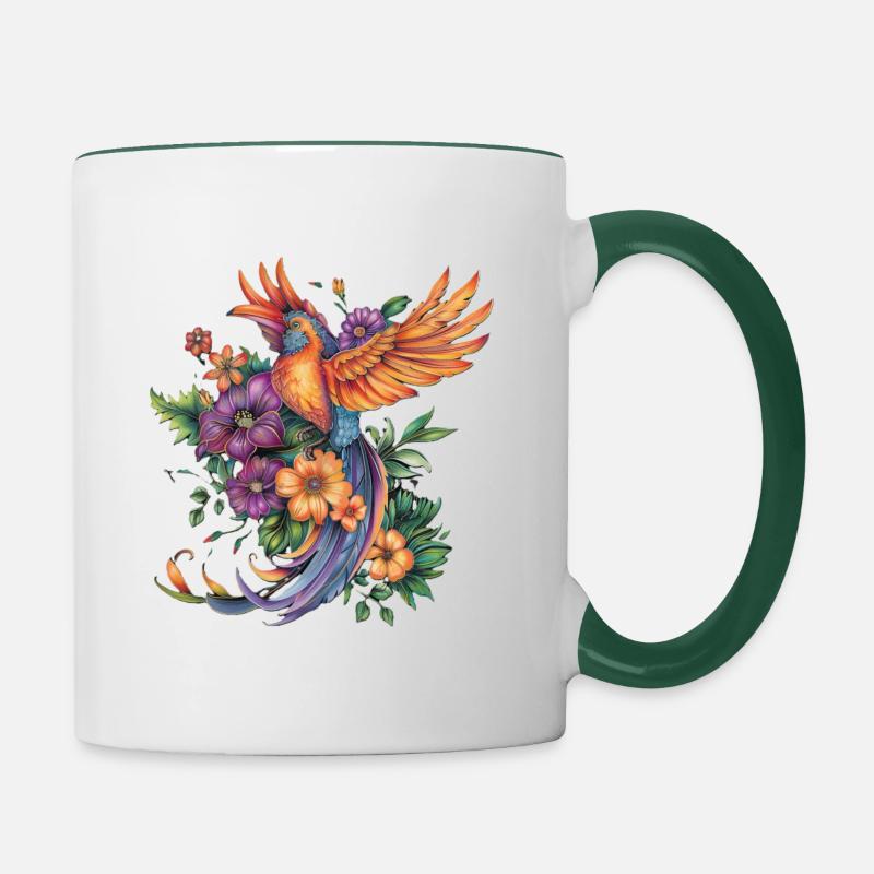 Oiseau de paradis avec des fleurs - Mug contrasté - blanc/vert foncé