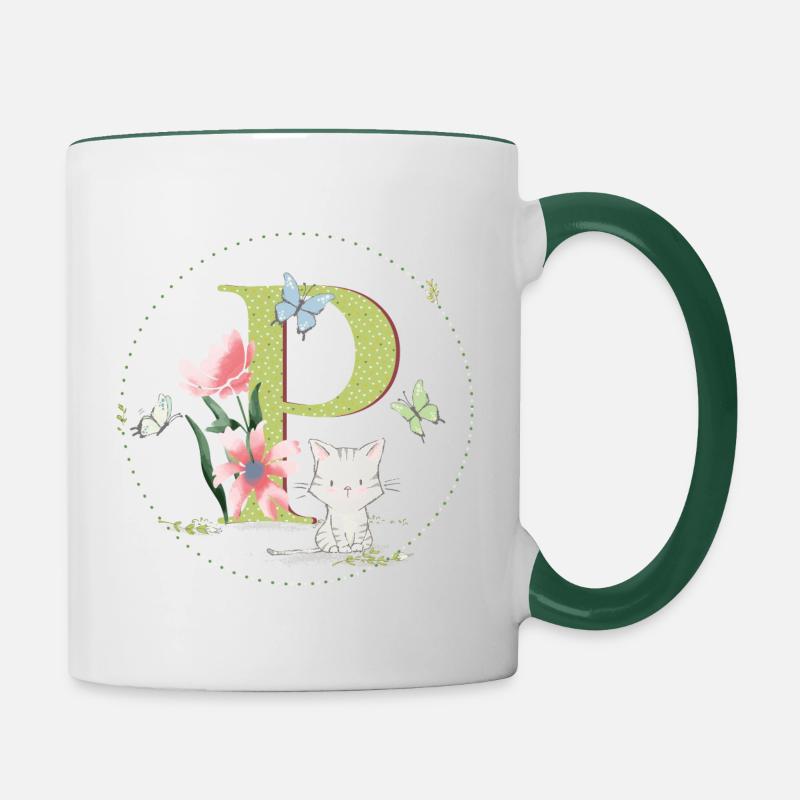 Lettre initiale P avec chat - Mug contrasté - blanc/vert foncé