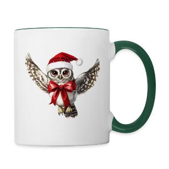 Hibou festif pour Noël avec arc - Mug contrasté - blanc/vert foncé - Droite