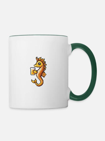 Seepferd Bier Pixel - Tasse zweifarbig - Weiß/Dunkelgrün