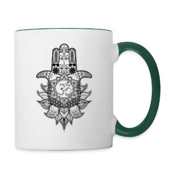 Conception de tatouage de bijoux à la main de Hamsa Fatima - Mug contrasté - blanc/vert foncé - Droite