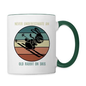 Ski Hase, Alter Hase, Retro, Winter Sport, Lustig - Tasse zweifarbig - Weiß/Dunkelgrün - Rechts