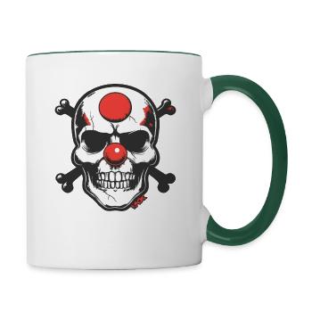 Rote-Clown-Nase, Totenkopf und Knochen - Tasse zweifarbig - Weiß/Dunkelgrün - Rechts