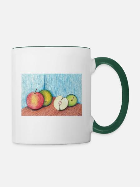 Stillleben Äpfel - Pastellkreide - Tasse zweifarbig - Weiß/Dunkelgrün