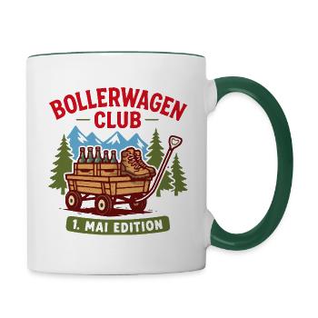 Bollerwagen Club Shirt: Vatertag, 1. Mai Wanderung - Tasse zweifarbig - Weiß/Dunkelgrün - Rechts