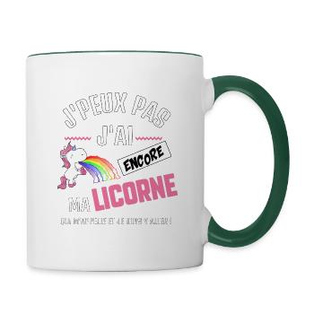J’peux pas j’ai ma licorne qui m’appelle - Mug contrasté - blanc/vert foncé - Droite