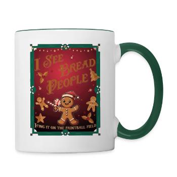 I see bread people, gingerbread man paintballing - Contrasting Mug - white/dark green - Right