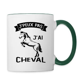 Je Peux Pas J'ai Cheval Équitation Cavalier Poney - Mug contrasté - blanc/vert foncé - Droite
