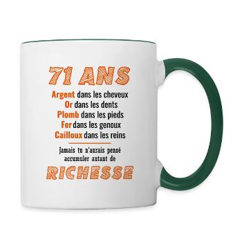 71 Jahre alter Geburtstag Lustige Geschenkidee - Tasse zweifarbig - Weiß/Dunkelgrün - Rechts