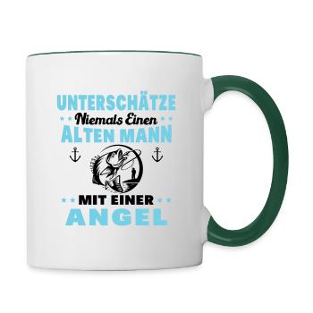 Ein Alter Mann mit Seiner Angelrute Angelgeschen - Tasse zweifarbig - Weiß/Dunkelgrün - Rechts