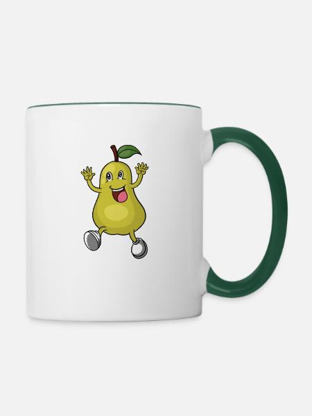 Comic Zeichnung einer glücklichen Birne - Tasse zweifarbig - Weiß/Dunkelgrün