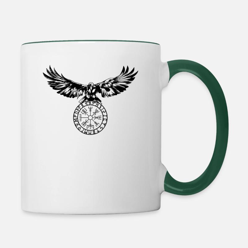 Corbeau avec Futhark et Vegvisir - Mug contrasté - blanc/vert foncé