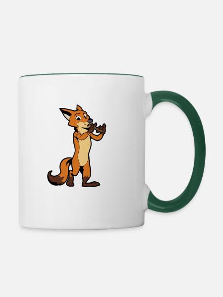Comic Fuchs spielt Flöte - Tasse zweifarbig - Weiß/Dunkelgrün